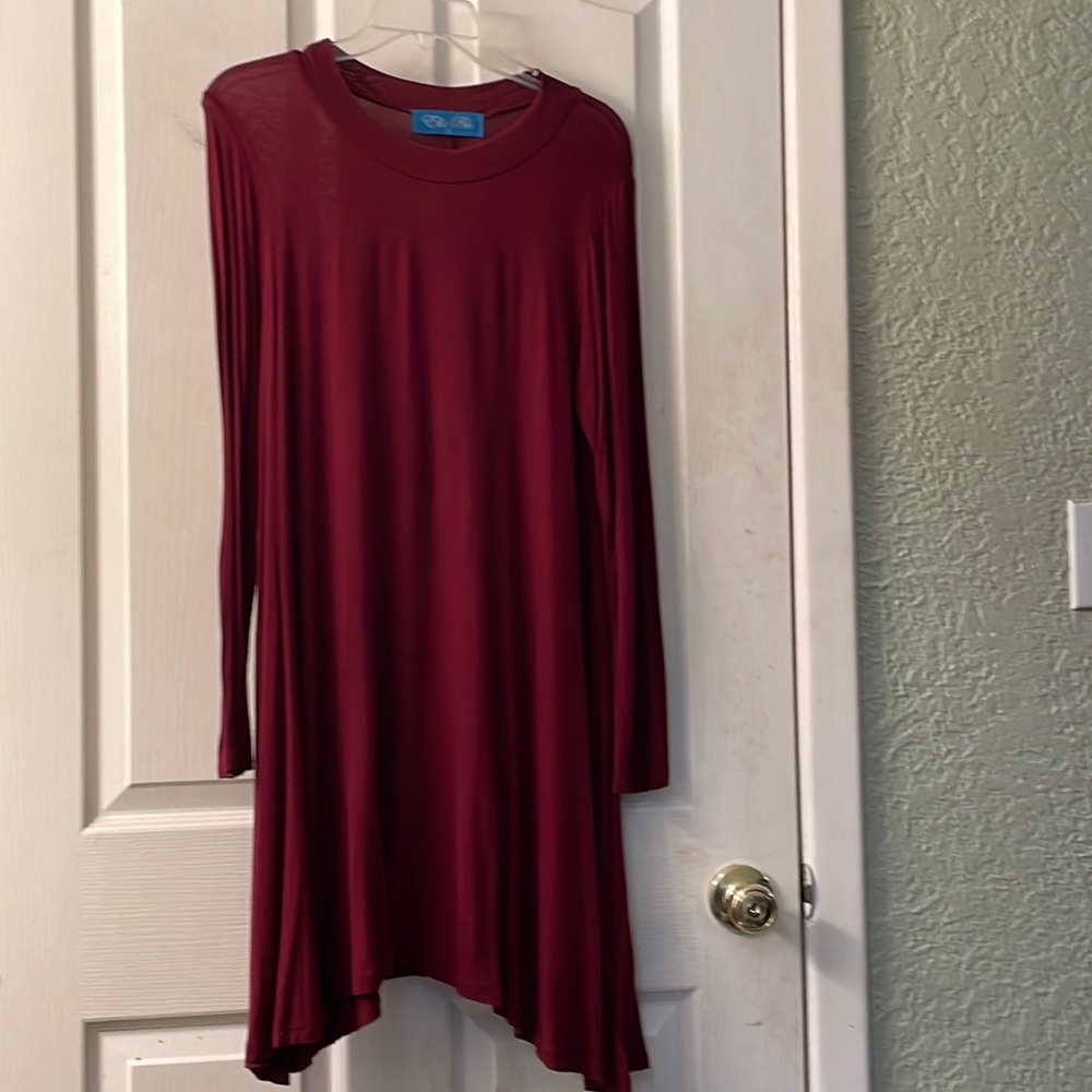 Burgundy long sleeve lightweight pull over tunic midi dress size large